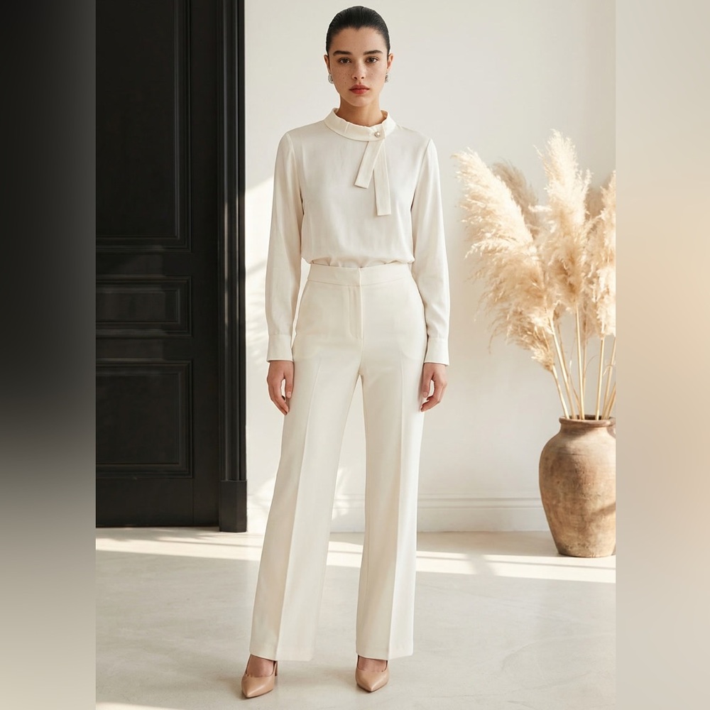 Elegant Cream Long-Sleeve Blouse with Pearl Accent